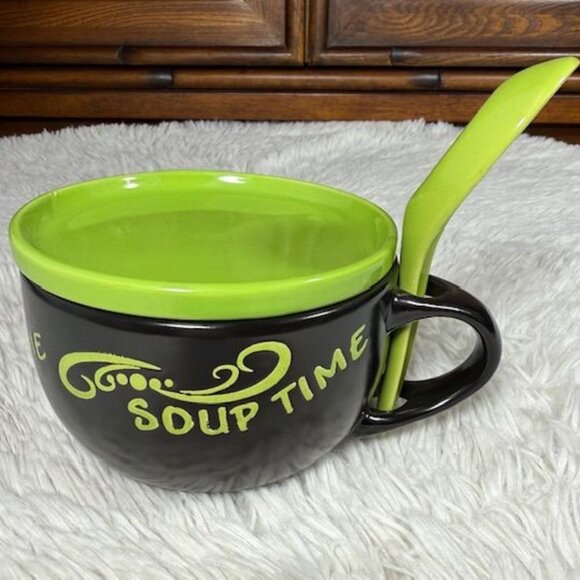 NWOT Soup Time Lime Green Black Soup Snack Tray Top Ceramic Mug with Spoon - Picture 5 of 12